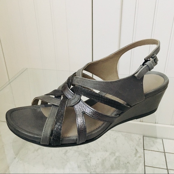 Ecco Touch 45 Grey Leather Wedge Heels Sandals - Picture 3 of 14